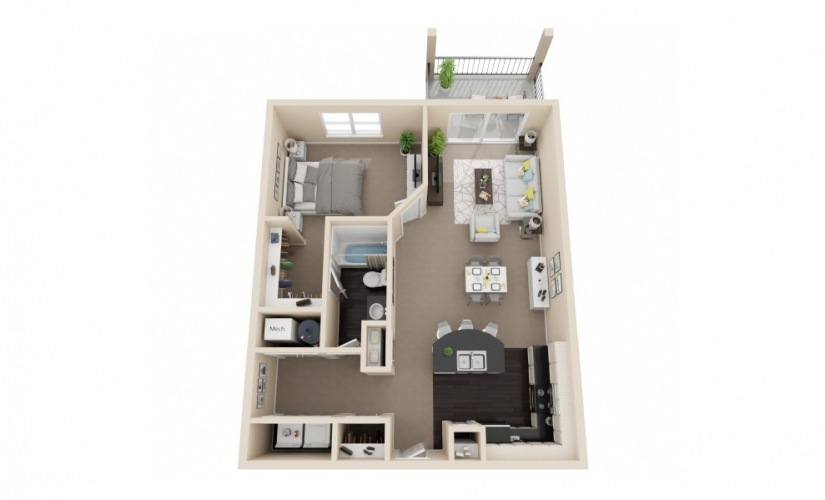 Palm - 1 bedroom floorplan layout with 1 bathroom and 860 square feet