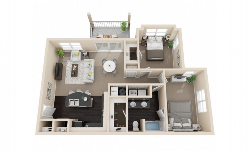 Juniper - 2 bedroom floorplan layout with 1 bathroom and 989 - 998 square feet