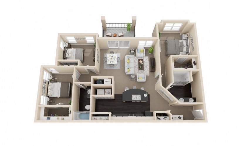 Jasmine - 3 bedroom floorplan layout with 2 bathrooms and 1378 - 1387 square feet